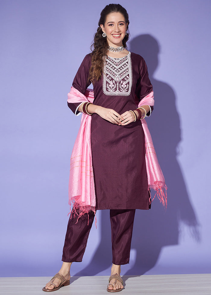 3 Pc Wine Readymade Silk Suit Set - Indian Silk House Agencies