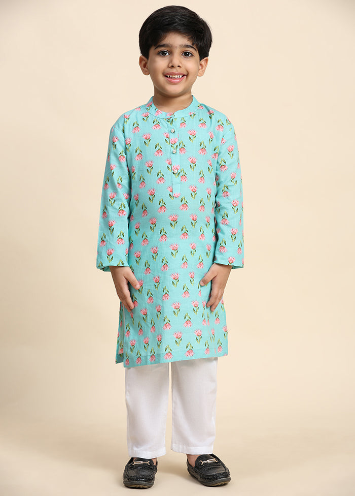 Green Cotton Full Sleeves Collar Neckshape Kurta Pajama Set