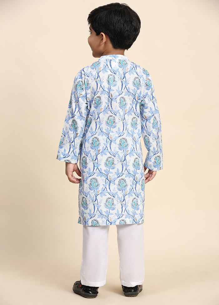 Blue Cotton Full Sleeves Collar Neckshape Kurta Pajama Set