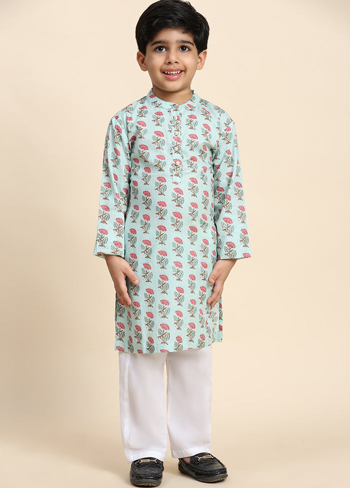 Green Cotton Full Sleeves Collar Neckshape Kurta Pajama Set