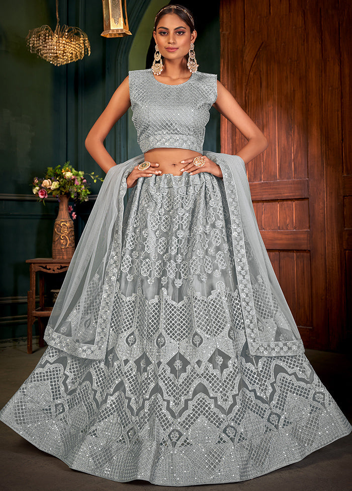 3 Pc Grey Semi Stitched Net Lehenga Set - Indian Silk House Agencies