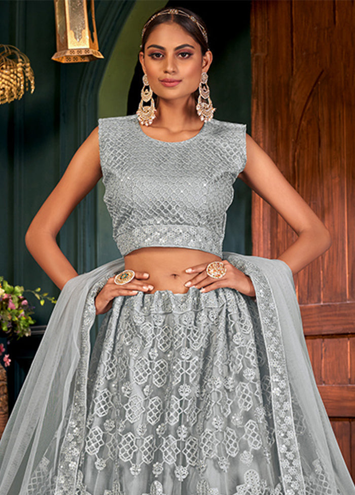 3 Pc Grey Semi Stitched Net Lehenga Set - Indian Silk House Agencies