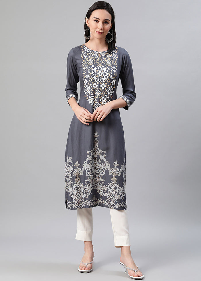 Grey Readymade Rayon Foil Print Kurti VDKSH110341 - Indian Silk House Agencies