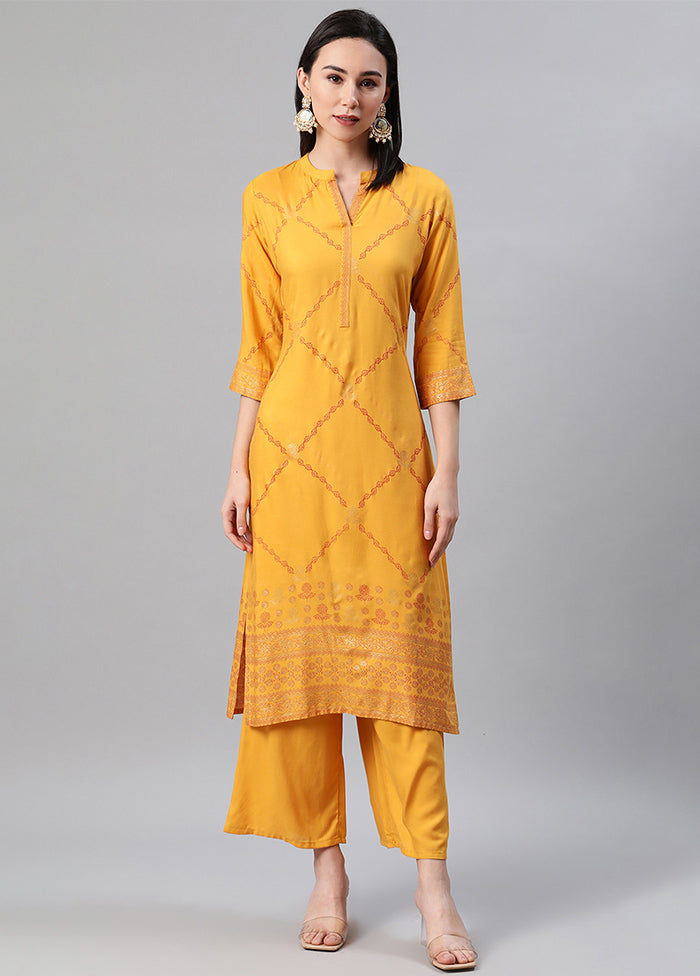 Mustard Rayon Straight Foil Print Kurti VDKSH150323 - Indian Silk House Agencies