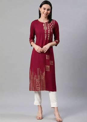 Maroon Rayon A Line Foil Print Kurti VDKSH150324 - Indian Silk House Agencies