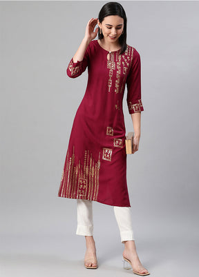 Maroon Rayon A Line Foil Print Kurti VDKSH150324 - Indian Silk House Agencies