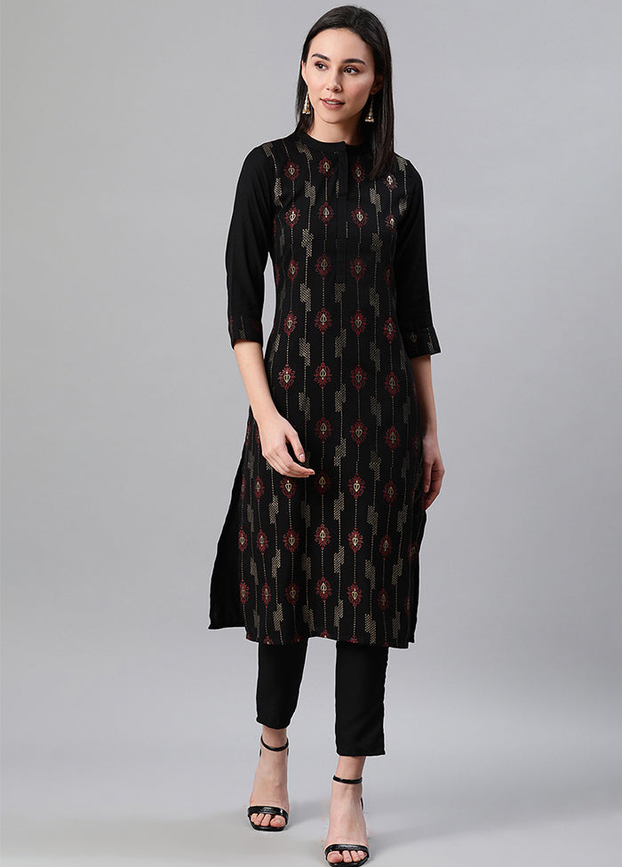 Black Rayon A Line Foil Print Kurti VDKSH150328 - Indian Silk House Agencies