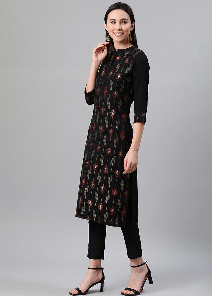 Black Rayon A Line Foil Print Kurti VDKSH150328 - Indian Silk House Agencies