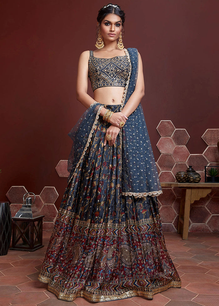 3 Pc Blue Chinon Silk Embroidered Lehenga Set - Indian Silk House Agencies