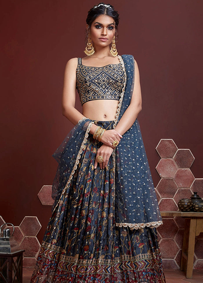 3 Pc Blue Chinon Silk Embroidered Lehenga Set - Indian Silk House Agencies