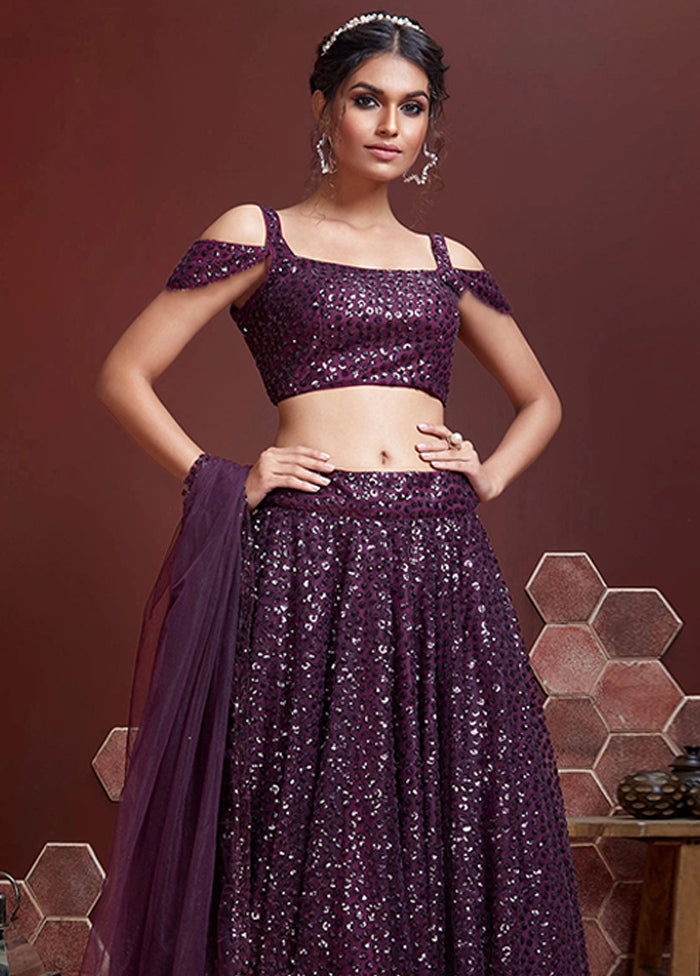 3 Pc Purple Net Embroidered Lehenga Set - Indian Silk House Agencies