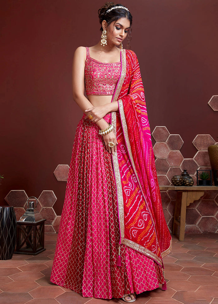 3 Pc Pink Chinon Silk Embroidered Lehenga Set - Indian Silk House Agencies