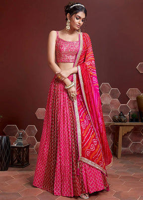 3 Pc Pink Chinon Silk Embroidered Lehenga Set - Indian Silk House Agencies