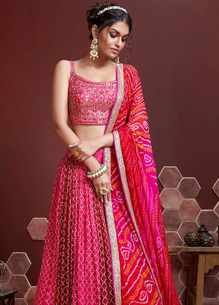 3 Pc Pink Chinon Silk Embroidered Lehenga Set - Indian Silk House Agencies