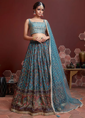 3 Pc Sky Blue Chinon Silk Embroidered Lehenga Set - Indian Silk House Agencies