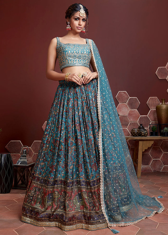 3 Pc Sky Blue Chinon Silk Embroidered Lehenga Set - Indian Silk House Agencies