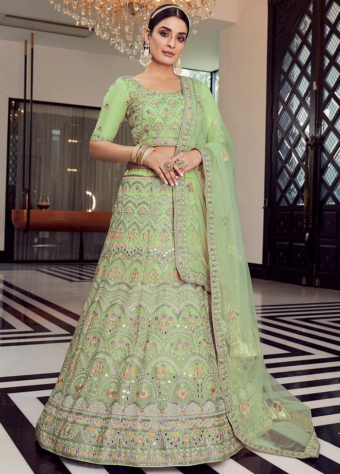 3 Pc Pista Green Organza Embroidered Lehenga Set - Indian Silk House Agencies