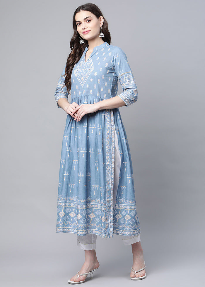 3 Pc Blue Readymade Cotton Anarkali Suit Set VDKSH120427 - Indian Silk House Agencies