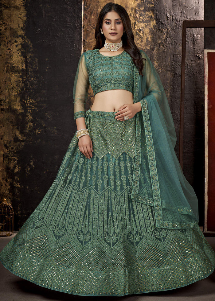 Green Net Embroidered Semi Stitched Lehenga Choli Set - Indian Silk House Agencies