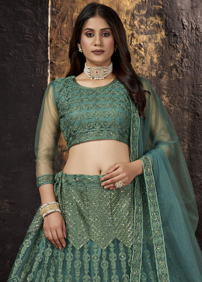 Green Net Embroidered Semi Stitched Lehenga Choli Set - Indian Silk House Agencies