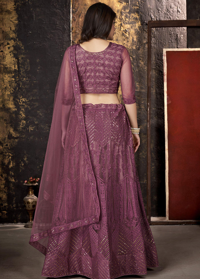 Wine Net Embroidered Semi Stitched Lehenga Choli Set - Indian Silk House Agencies