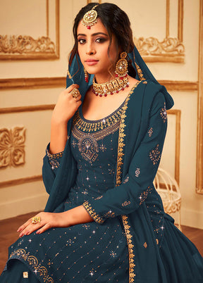 3 Pc Teal Blue Georgette Suit Set With Dupatta VDKSH810252 - Indian Silk House Agencies