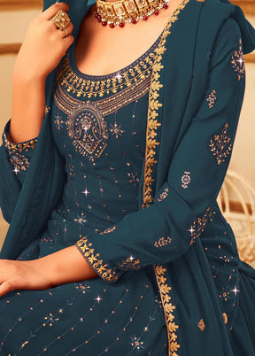 3 Pc Teal Blue Georgette Suit Set With Dupatta VDKSH810252 - Indian Silk House Agencies