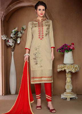 3 Pc Beige Unstitched Cotton Salwar Suit With Dupatta VDKSH810255 - Indian Silk House Agencies