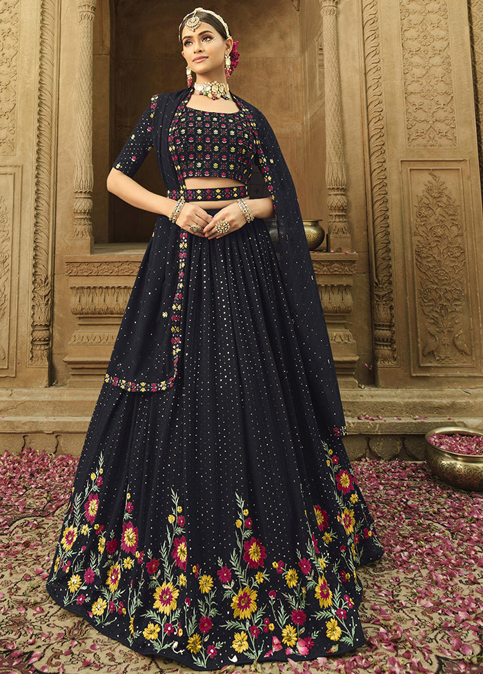 Navy Blue Semi Stitched Lehenga Choli Set With Dupatta - Indian Silk House Agencies