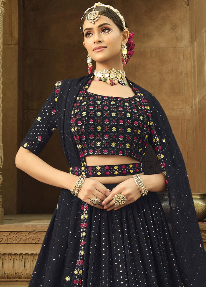 Navy Blue Semi Stitched Lehenga Choli Set With Dupatta - Indian Silk House Agencies