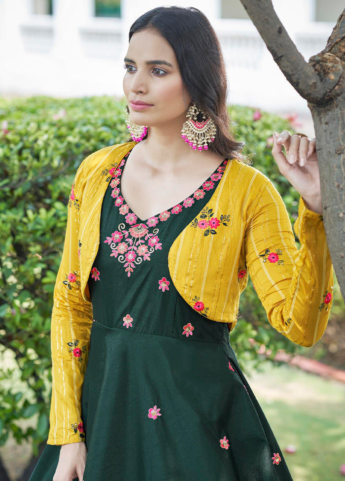 Green Cotton Long Dress With Attached Koti Jacket VDKSH1110253 - Indian Silk House Agencies