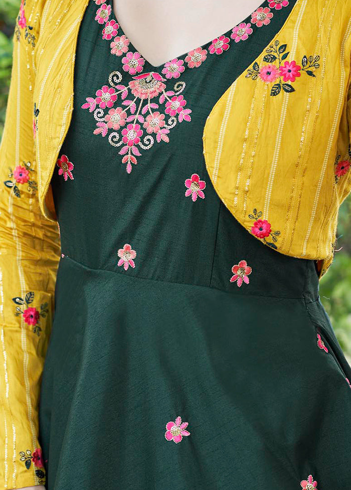 Green Cotton Long Dress With Attached Koti Jacket VDKSH1110253 - Indian Silk House Agencies