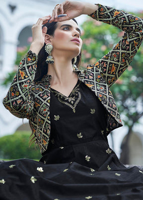 Black Cotton Long Dress With Attached Koti Jacket VDKSH1110255 - Indian Silk House Agencies