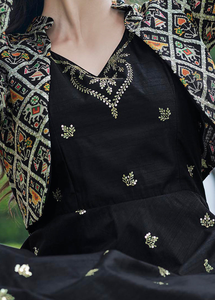 Black Cotton Long Dress With Attached Koti Jacket VDKSH1110255 - Indian Silk House Agencies