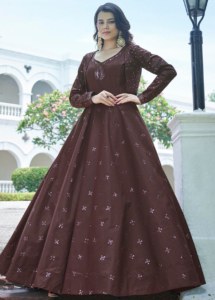 Maroon Cotton Long Dress With Attached Koti Jacket VDKSH1110256 - Indian Silk House Agencies