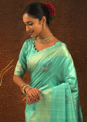 Sea Green Spun Silk Saree With Blouse Piece