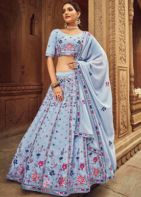 Sky Blue Semi Stitched Lehenga Choli Set With Dupatta - Indian Silk House Agencies