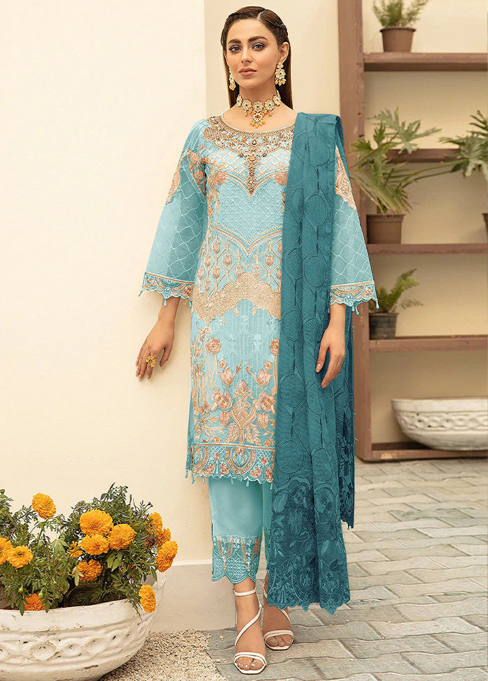 3 Pc Blue Georgette Thread Suit Set With Dupatta VDKSH1410235 - Indian Silk House Agencies