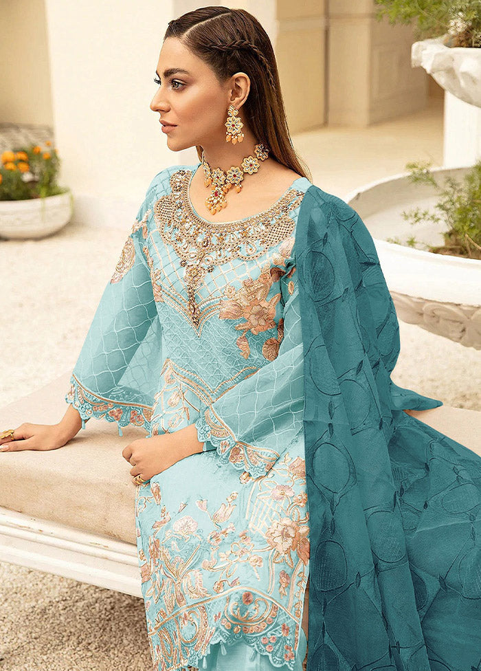 3 Pc Blue Georgette Thread Suit Set With Dupatta VDKSH1410235 - Indian Silk House Agencies