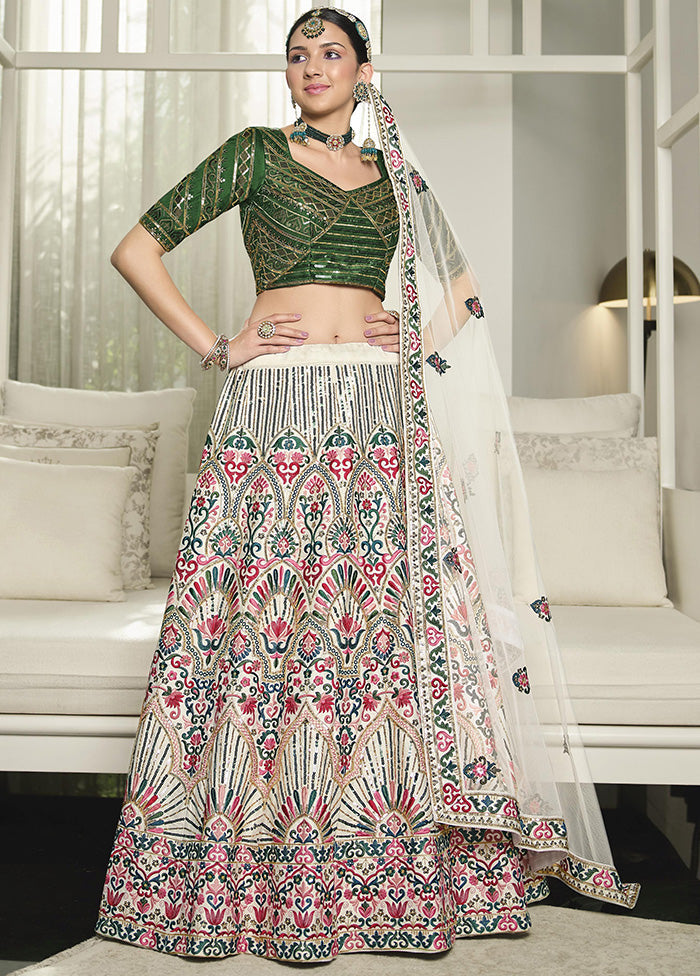 White Semi Stitched Silk Sequence Embroidered Lehenga Choli - Indian Silk House Agencies