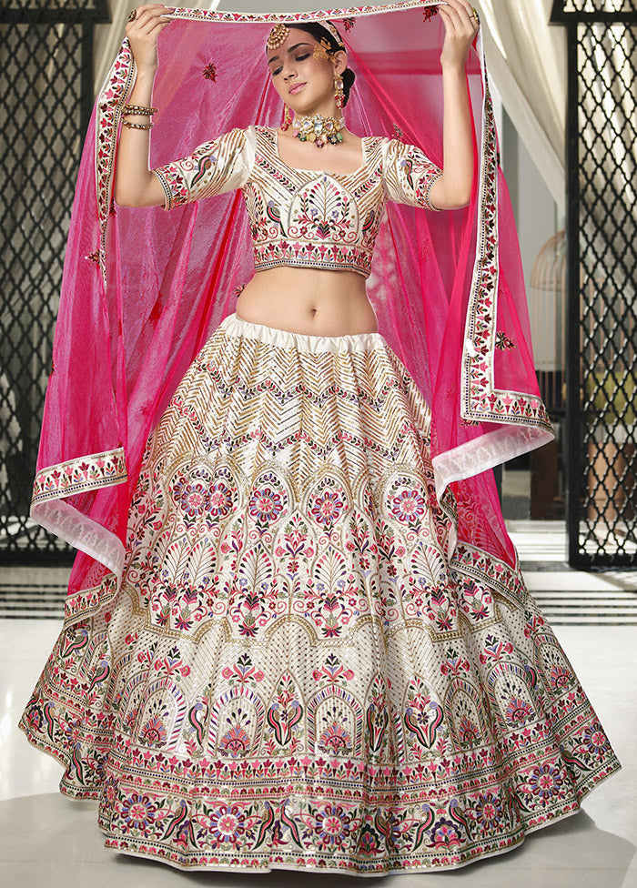 White Semi Stitched Silk Sequence Embroidered Lehenga Choli - Indian Silk House Agencies