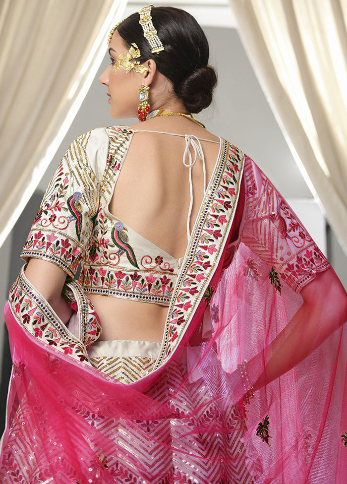 White Semi Stitched Silk Sequence Embroidered Lehenga Choli - Indian Silk House Agencies