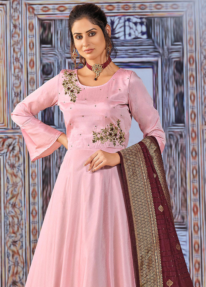 3 Pc Pink Pure Silk Suit Set With Dupatta VDKSH211273 - Indian Silk House Agencies