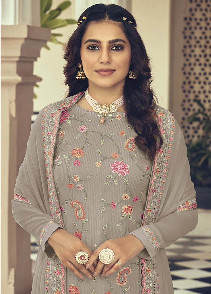 3 Pc Grey Semi Stitched Georgette Suit Set With Dupatta VDKSH211286 - Indian Silk House Agencies