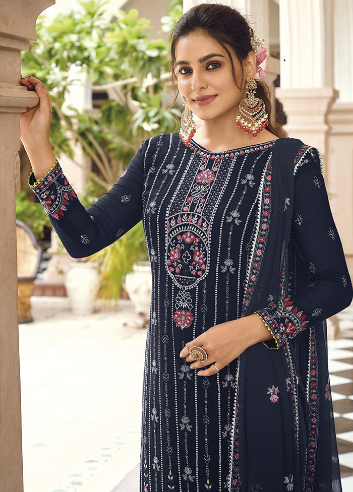 3 Pc Blue Semi Stitched Georgette Suit Set With Dupatta VDKSH211296 - Indian Silk House Agencies