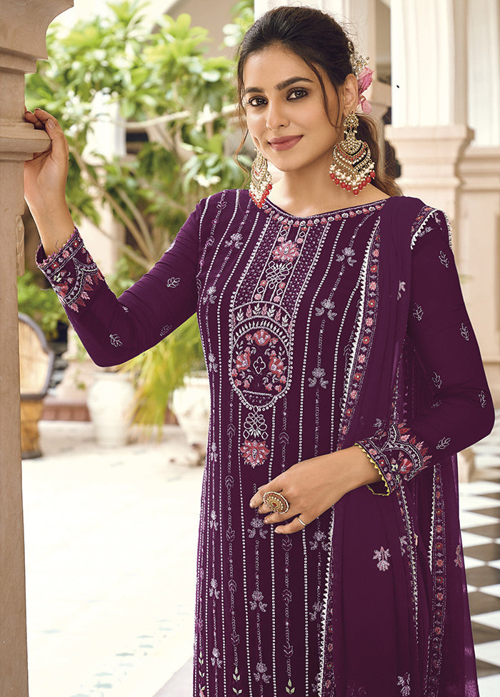 3 Pc Purple Semi Stitched Georgette Suit Set With Dupatta VDKSH211299 - Indian Silk House Agencies