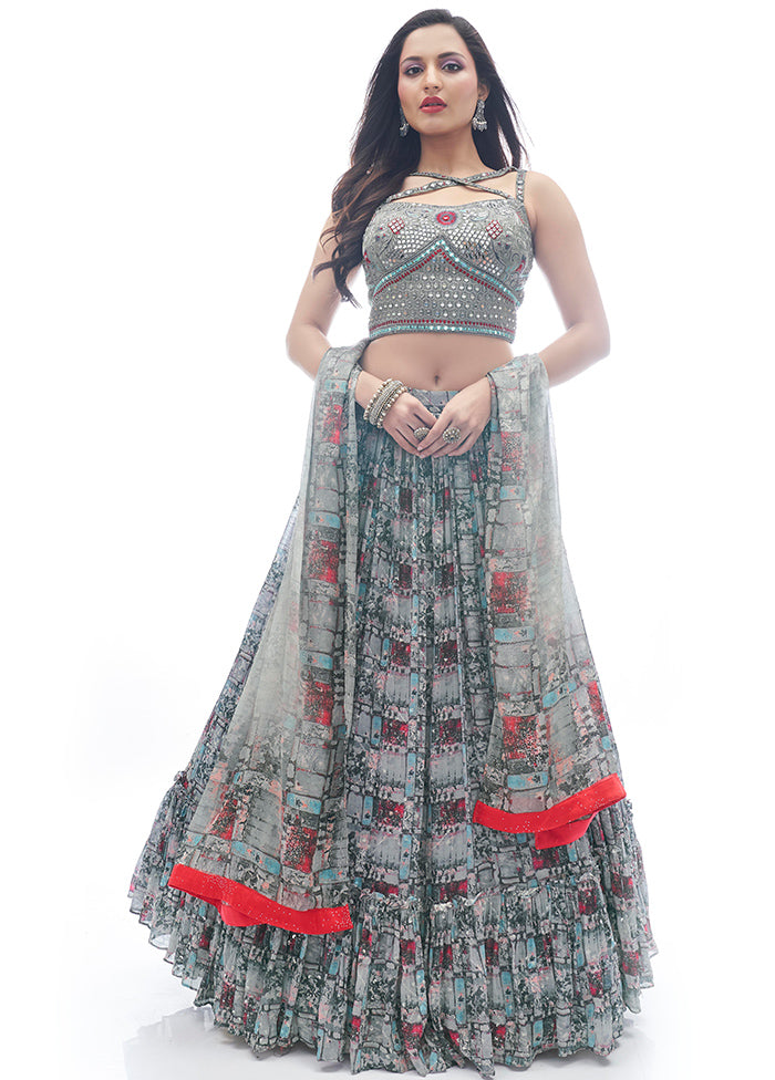 Grey Semi Stitched Embroidered Lehenga Choli Set With Dupatta - Indian Silk House Agencies