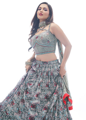 Grey Semi Stitched Embroidered Lehenga Choli Set With Dupatta - Indian Silk House Agencies