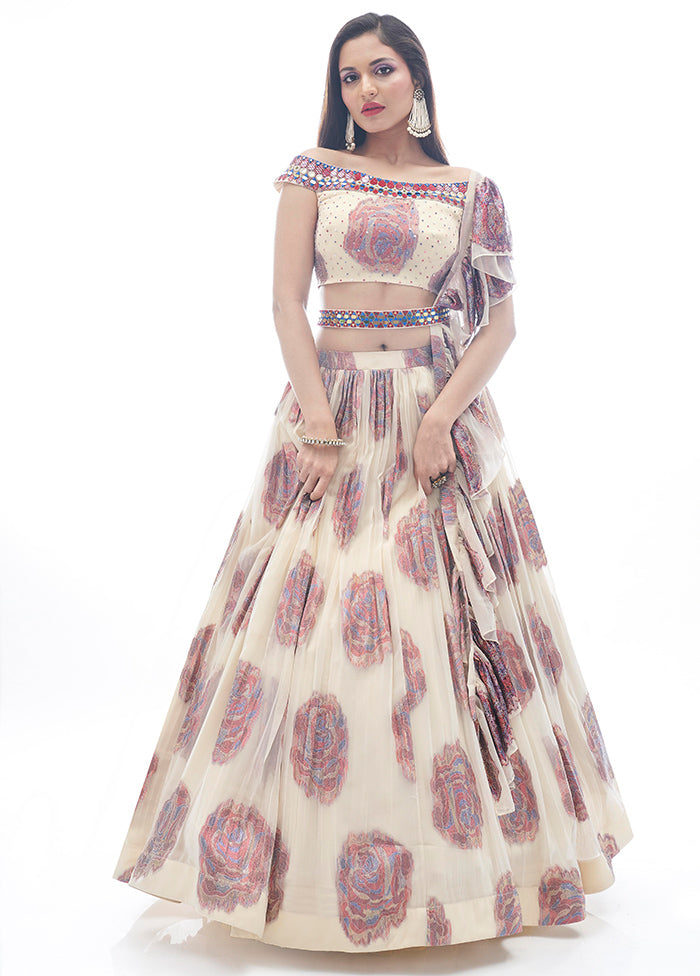 Off White Semi Stitched Embroidered Lehenga Choli Set With Dupatta - Indian Silk House Agencies