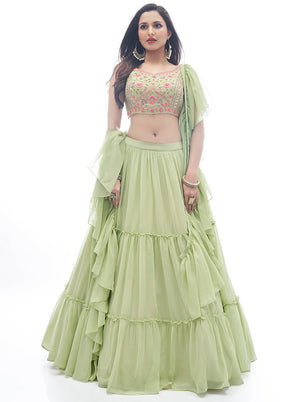 Green Semi Stitched Embroidered Lehenga Choli Set With Dupatta - Indian Silk House Agencies